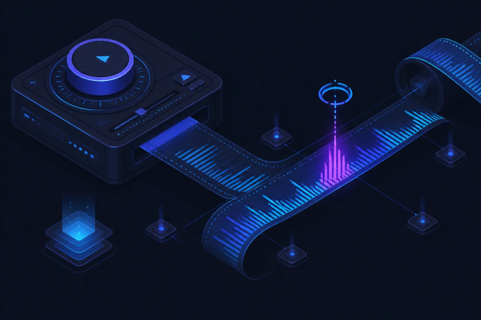 Futuristic timeline scrubber control unspooling glowing data