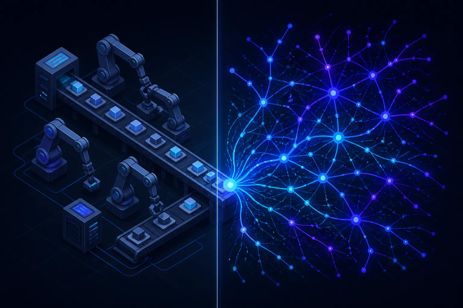 Split view comparing predictable robotic line with complex neural network